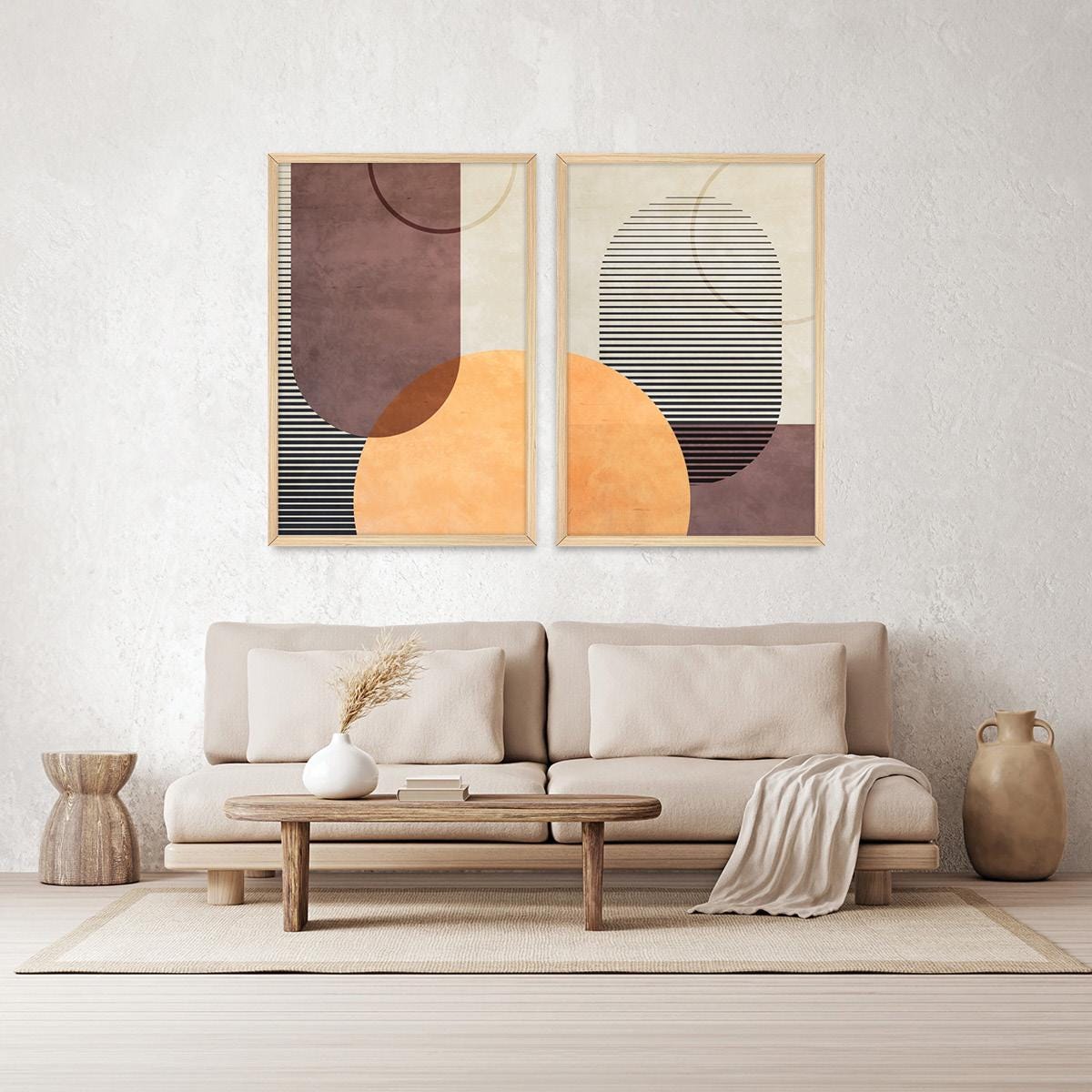 Boho Geometric Wall Art, Colorful Minimalist Wood Framed Canvas Print Set Pair