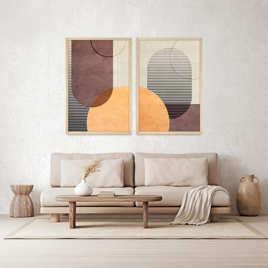 Boho Geometric Wall Art, Colorful Minimalist Wood Framed Canvas Print Set Pair