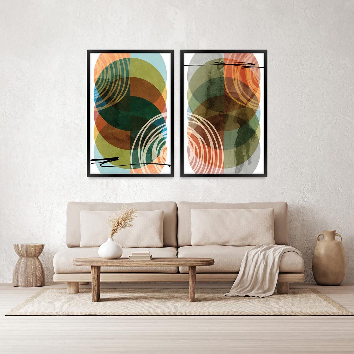 Abstract Geometric Circles Wall Art, Colorful Minimalist Wood Framed Canvas Print Set Pair