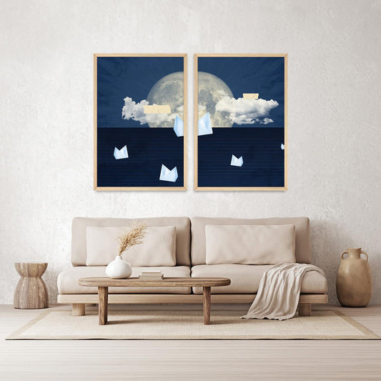 Blue Cloud Moon Canvas Print Set, Dreamy Paper Boats, Wood Frame Pair