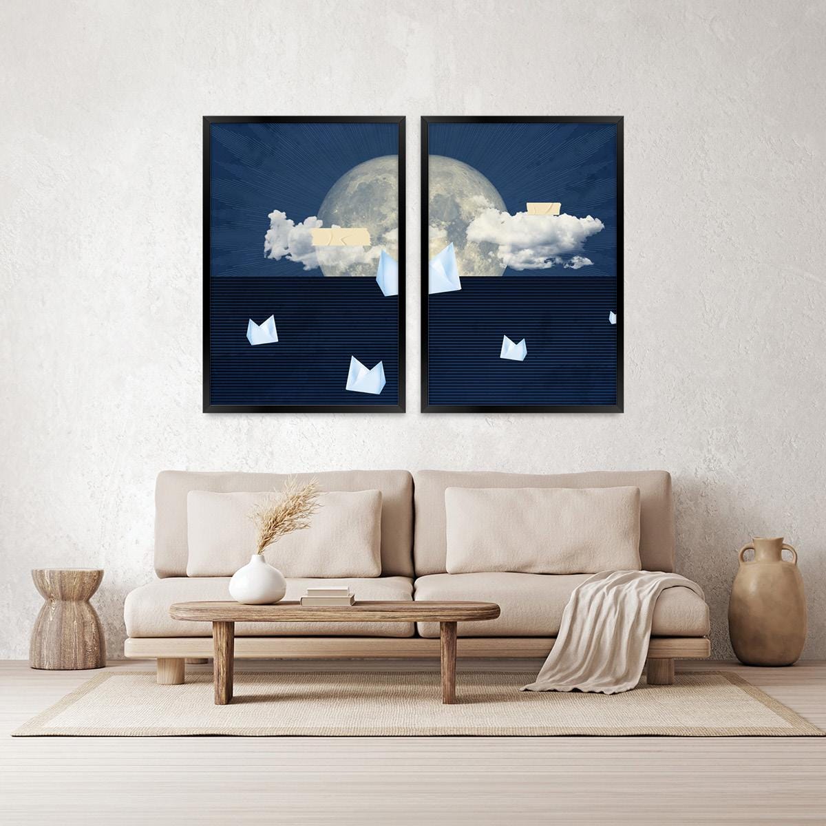 Blue Cloud Moon Canvas Print Set, Dreamy Paper Boats, Wood Frame Pair