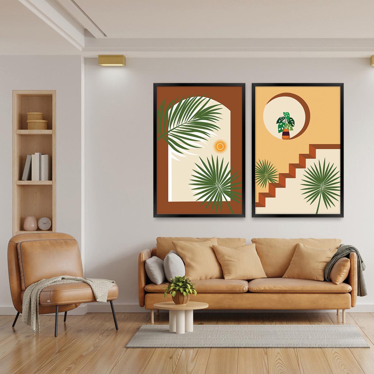 Boho Botanical Wall Art Set, Plants & Palms Southwesten Wood Framed Canvas Print Pair