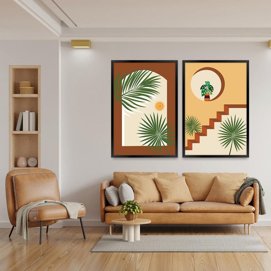 Boho Botanical Wall Art Set, Plants & Palms Southwesten Wood Framed Canvas Print Pair