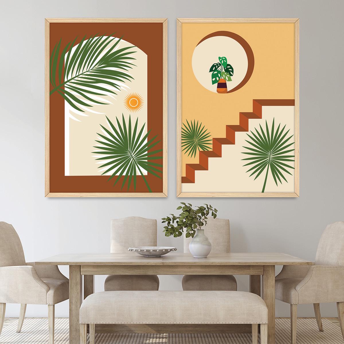 Boho Botanical Wall Art Set, Plants & Palms Southwesten Wood Framed Canvas Print Pair