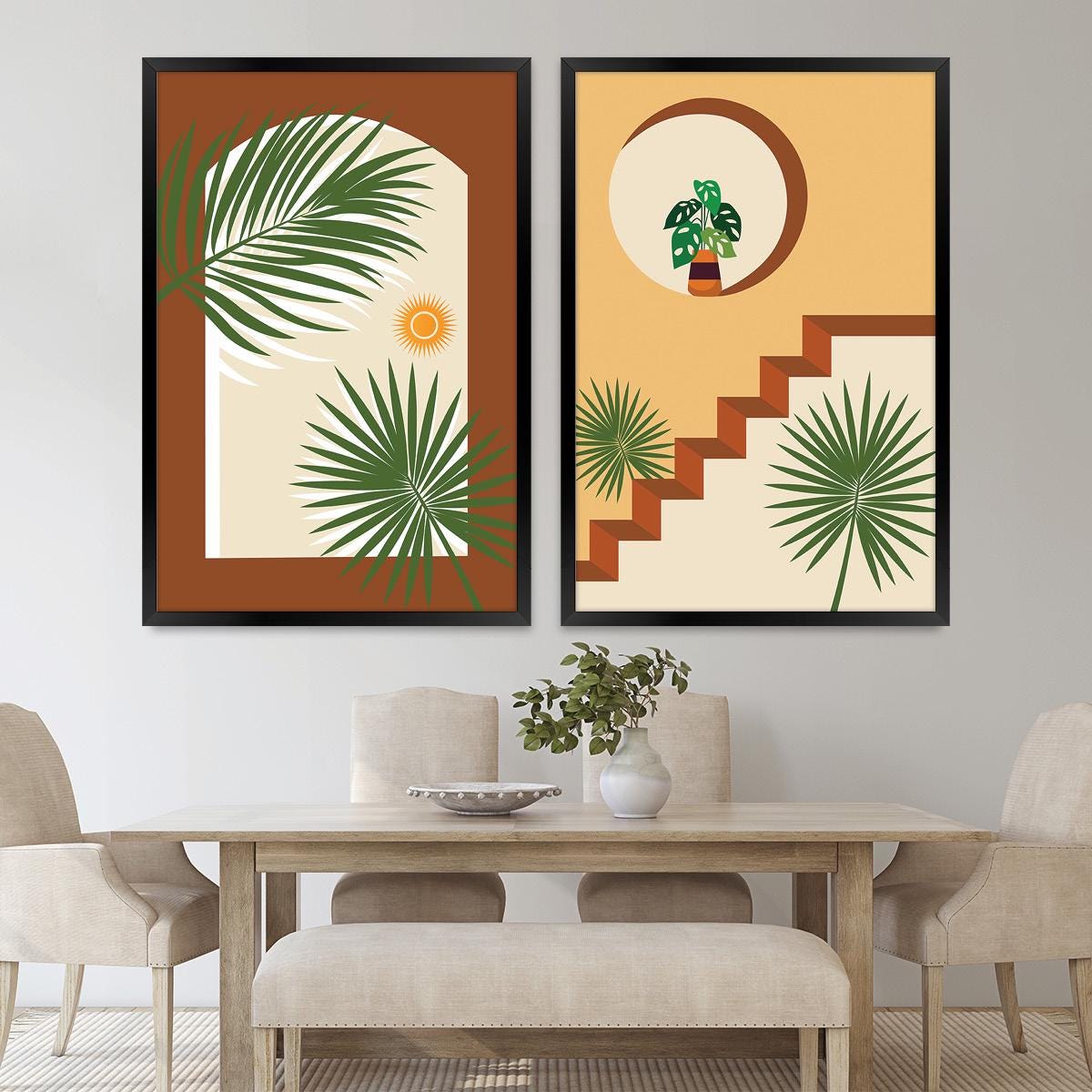 Boho Botanical Wall Art Set, Plants & Palms Southwesten Wood Framed Canvas Print Pair