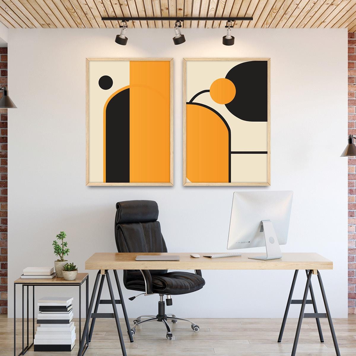 Abstract Geometric Framed Canvas Print Set, Black & Yellow Wall Art
