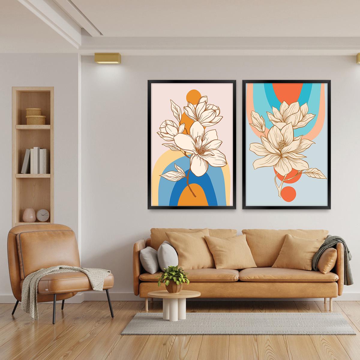 Boho Floral Illustration Geometric Wall Art, Colorful Wood Framed Canvas Print Pair