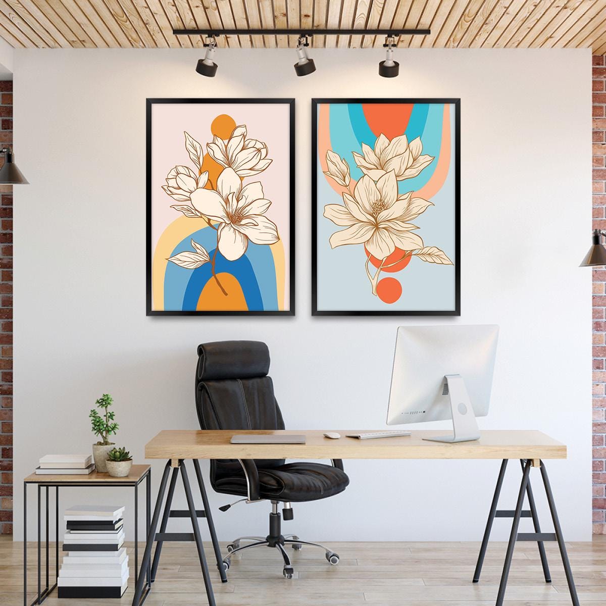 Boho Floral Illustration Geometric Wall Art, Colorful Wood Framed Canvas Print Pair