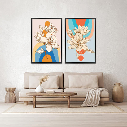 Boho Floral Illustration Geometric Wall Art, Colorful Wood Framed Canvas Print Pair