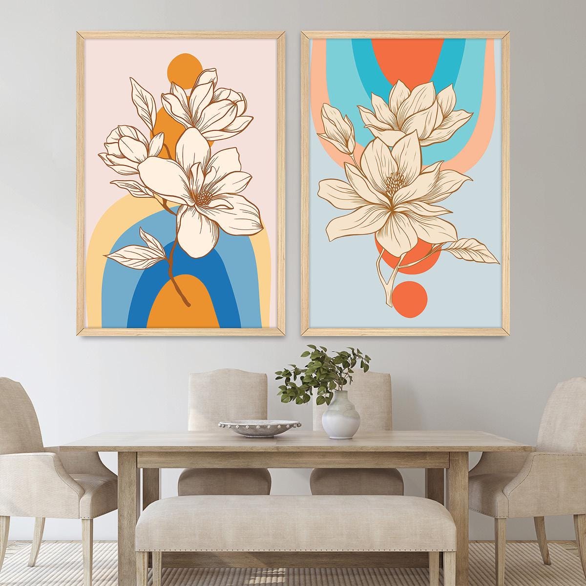 Boho Floral Illustration Geometric Wall Art, Colorful Wood Framed Canvas Print Pair