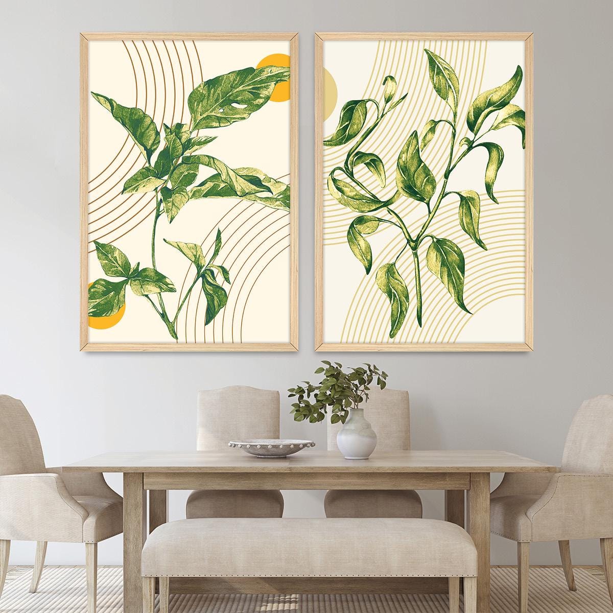Boho Botanical Illustration Geometric Wall Art, Leaf & Arc Wood Framed Canvas Print Pair