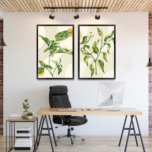 Boho Botanical Illustration Geometric Wall Art, Leaf & Arc Wood Framed Canvas Print Pair
