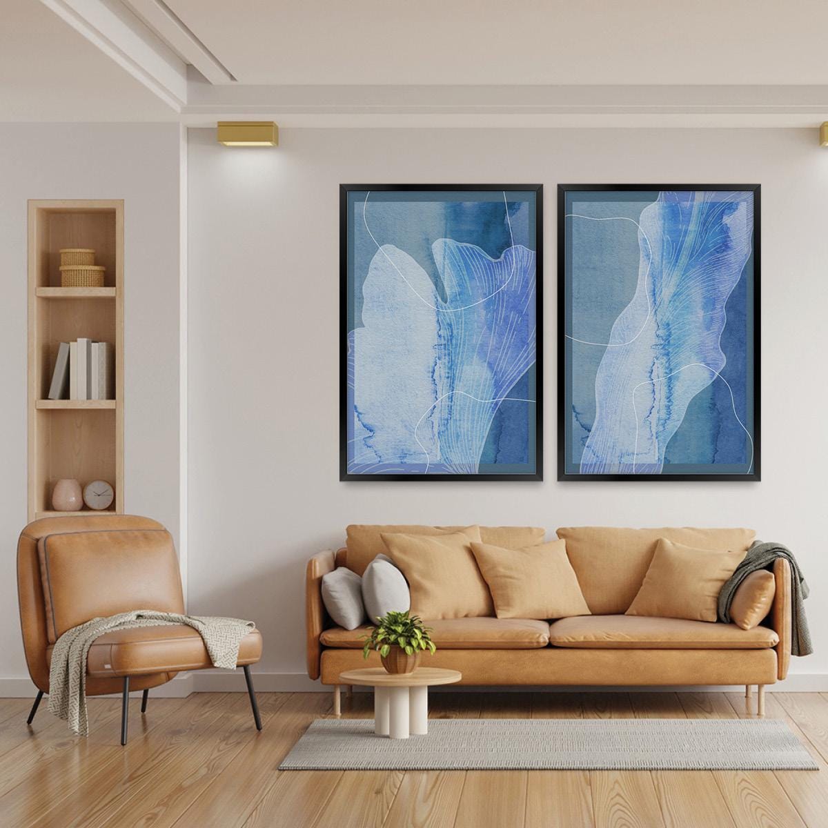 Blue Abstract Leaf Bontanical Wall Art, Wood Framed Canvas Print Pair Home Decor