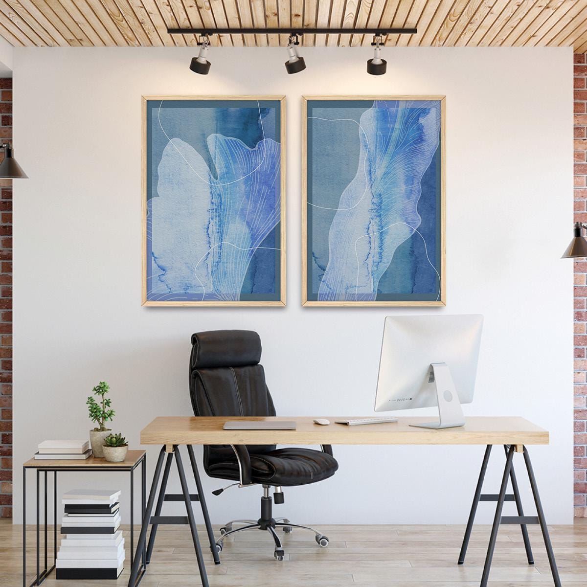 Blue Abstract Leaf Bontanical Wall Art, Wood Framed Canvas Print Pair Home Decor
