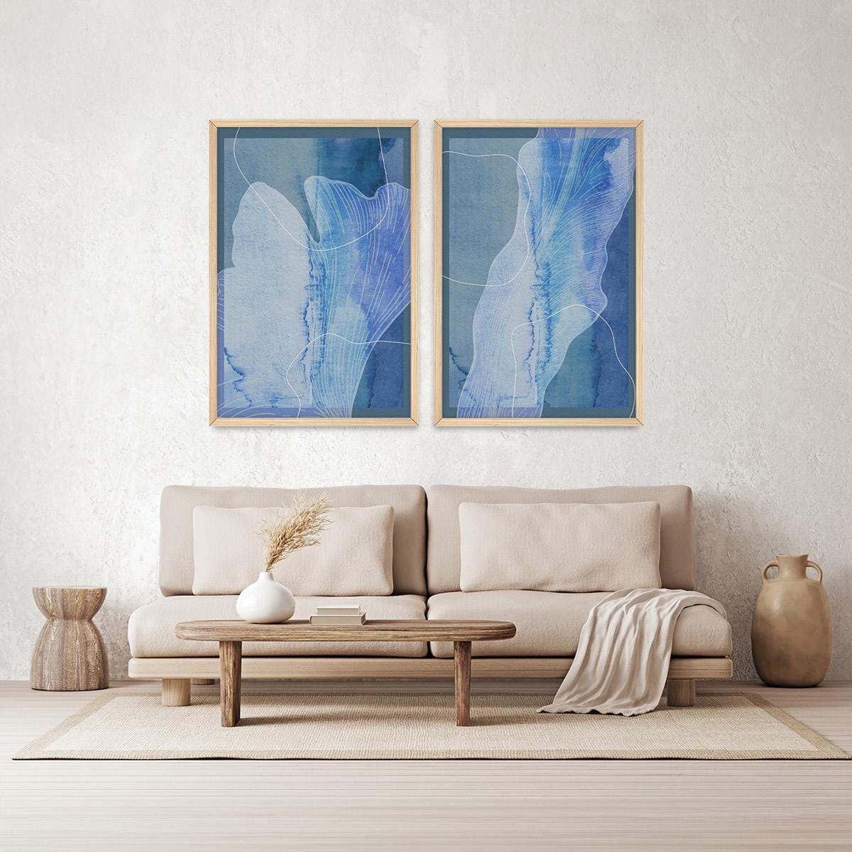 Blue Abstract Leaf Bontanical Wall Art, Wood Framed Canvas Print Pair Home Decor