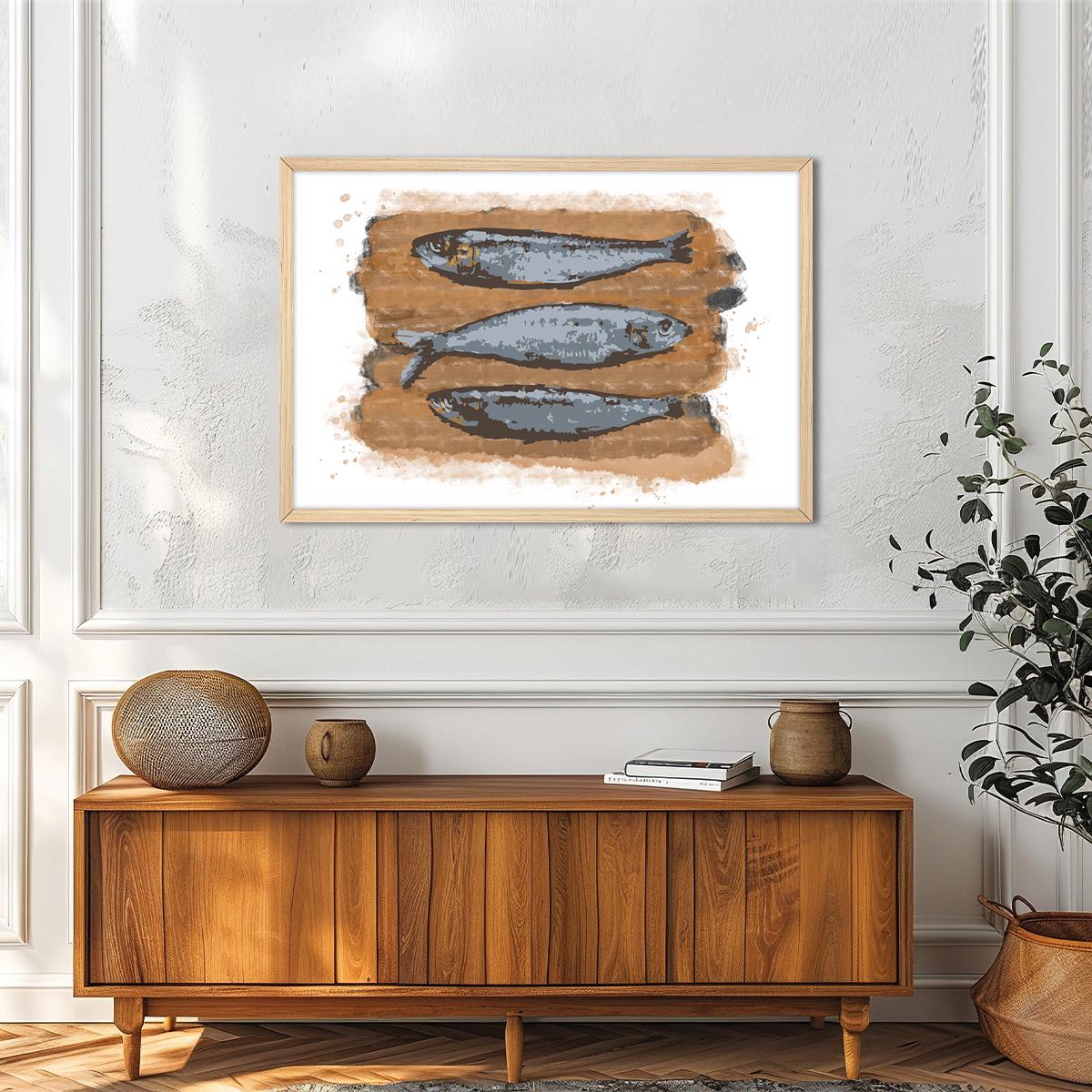 Modern Sardines Fish Canvas Wall Art - Sealife Beach House Decor, Framed Artwork Available