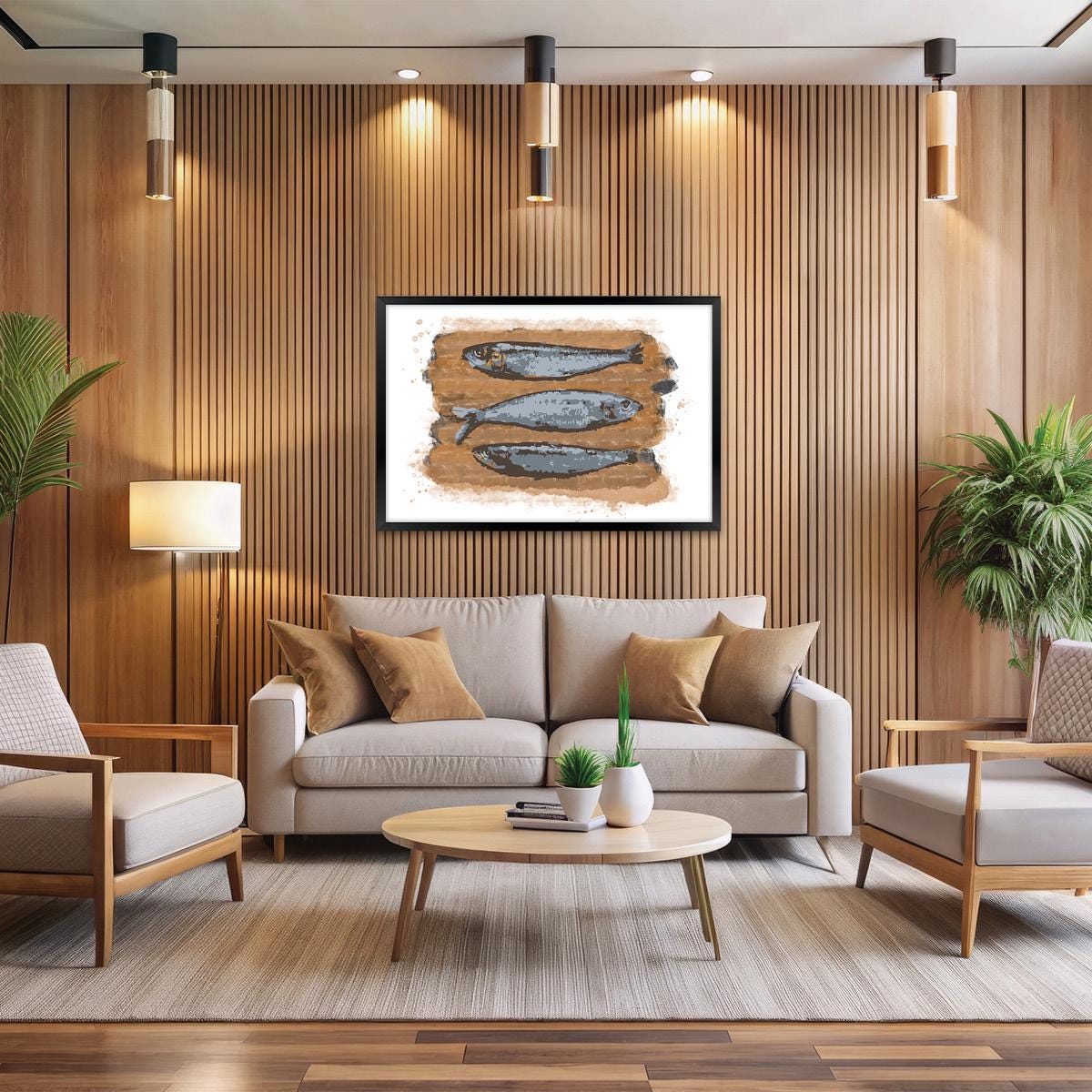 Modern Sardines Fish Canvas Wall Art - Sealife Beach House Decor, Framed Artwork Available