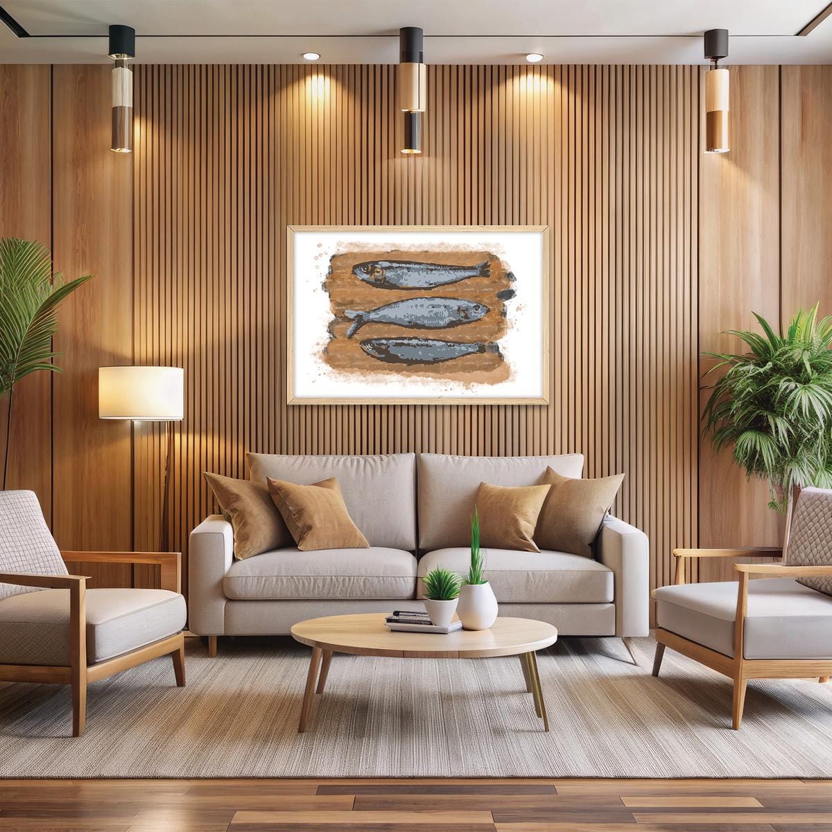 Modern Sardines Fish Canvas Wall Art - Sealife Beach House Decor, Framed Artwork Available