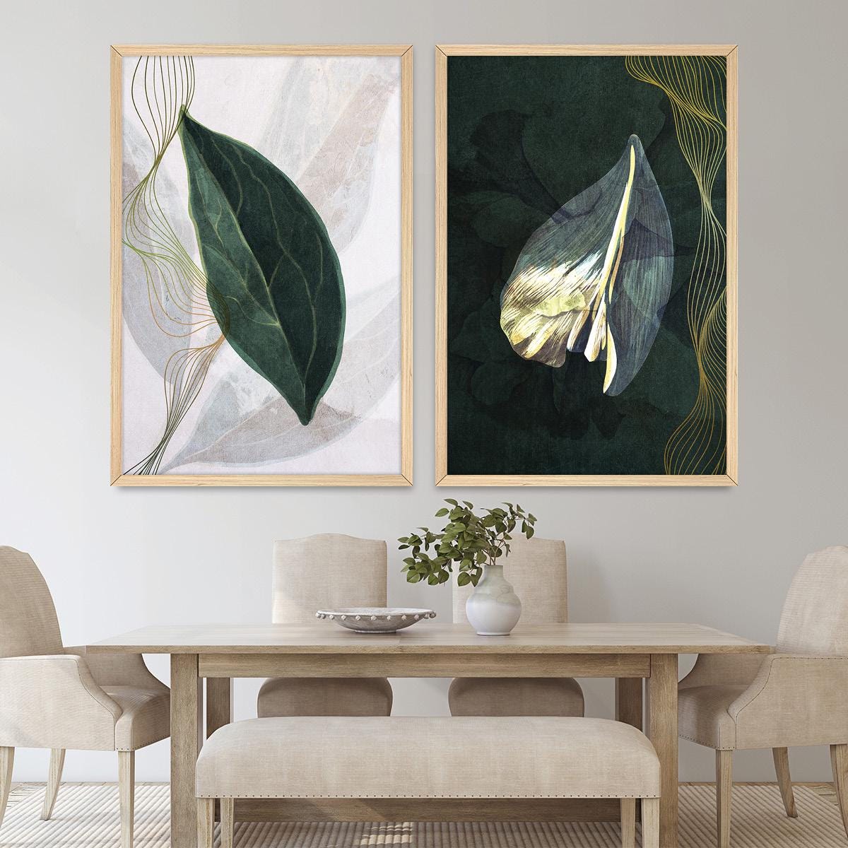 Boho Botanical Illustration Geometric Wall Art, Leaf & Petal Wood Framed Canvas Print Pair