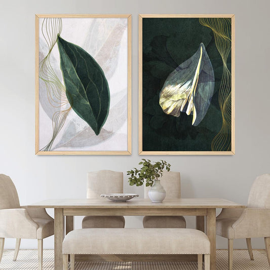 Boho Botanical Illustration Geometric Wall Art, Leaf & Petal Wood Framed Canvas Print Pair