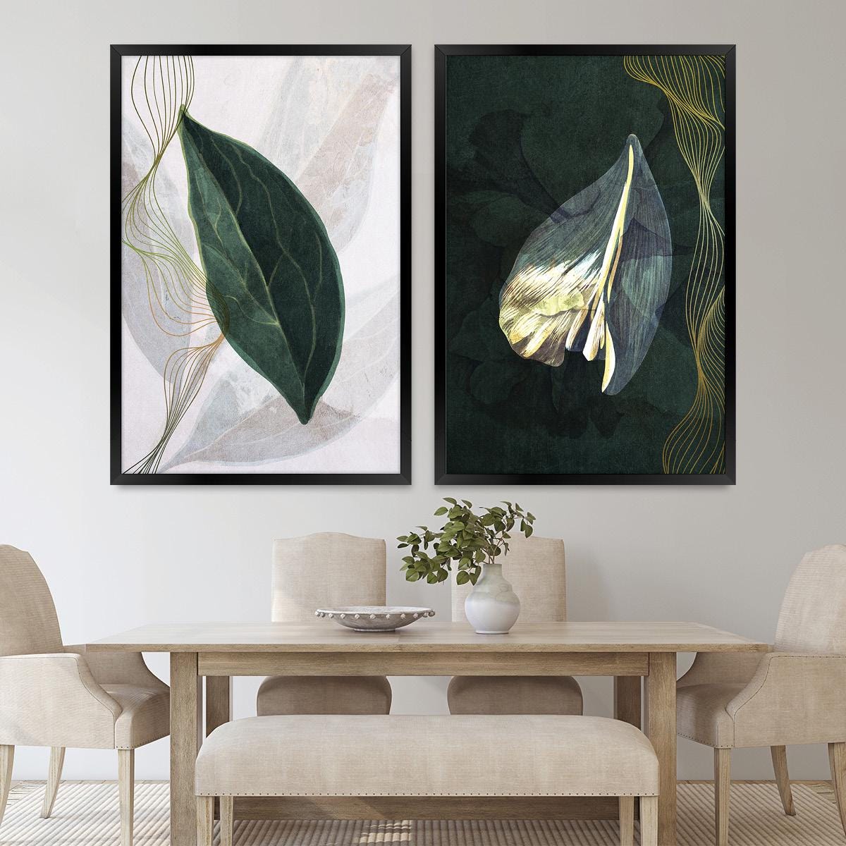 Boho Botanical Illustration Geometric Wall Art, Leaf & Petal Wood Framed Canvas Print Pair