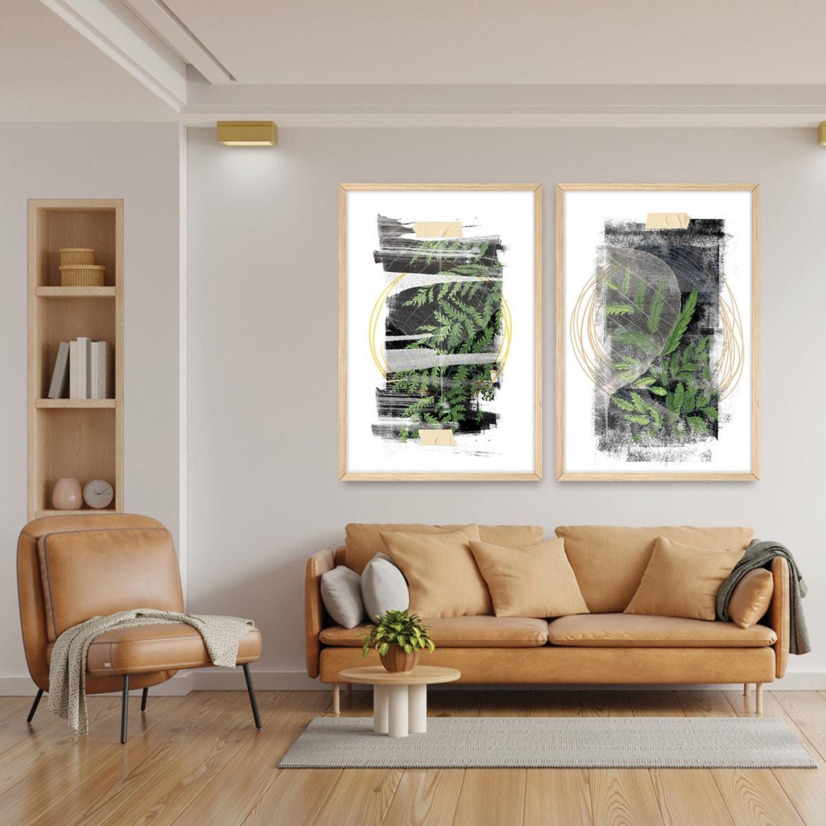 Boho Botanical Wall Art, Fern Leaf Wood Framed Canvas Print Pair