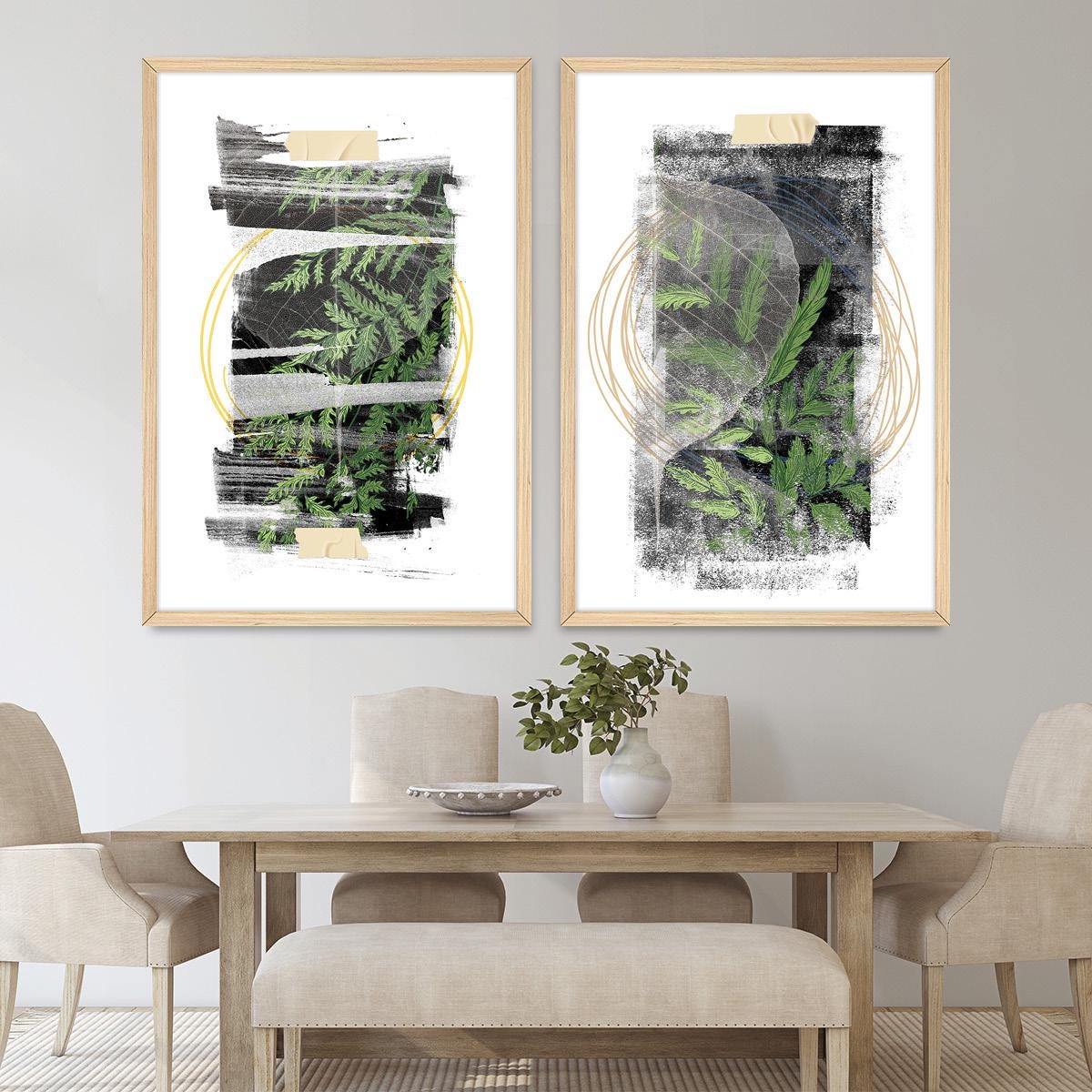 Boho Botanical Wall Art, Fern Leaf Wood Framed Canvas Print Pair