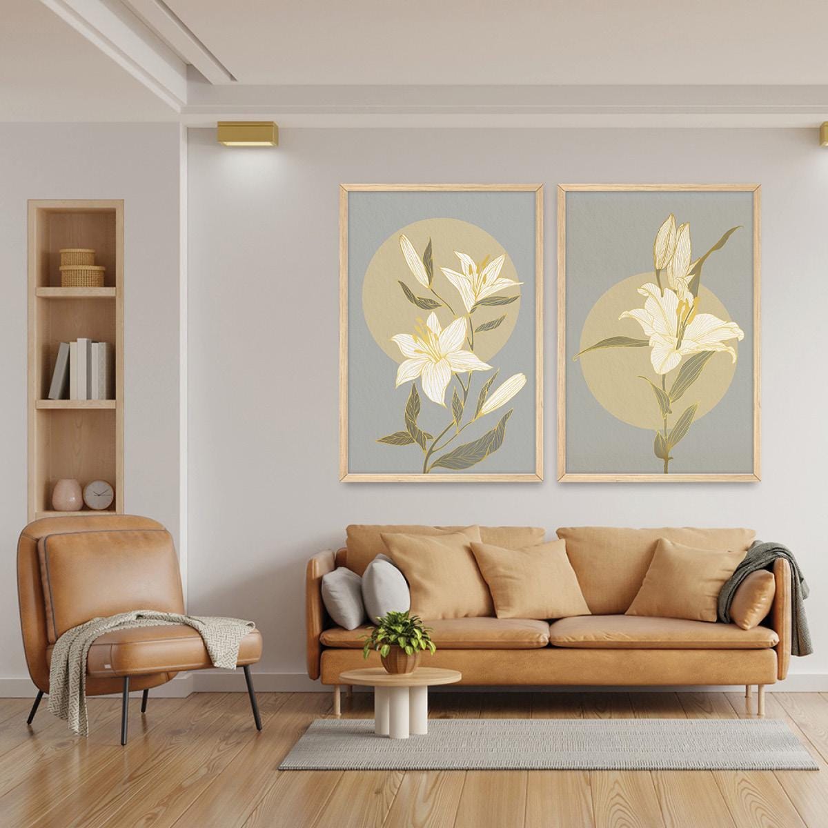Lily in Gold Illustration Wall Art, Floral Framed Canvas Print Pair