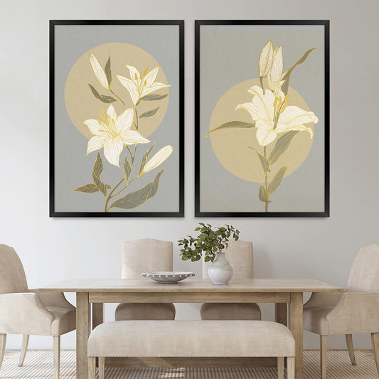 Lily in Gold Illustration Wall Art, Floral Framed Canvas Print Pair
