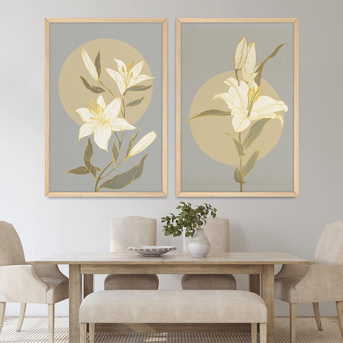 Lily in Gold Illustration Wall Art, Floral Framed Canvas Print Pair