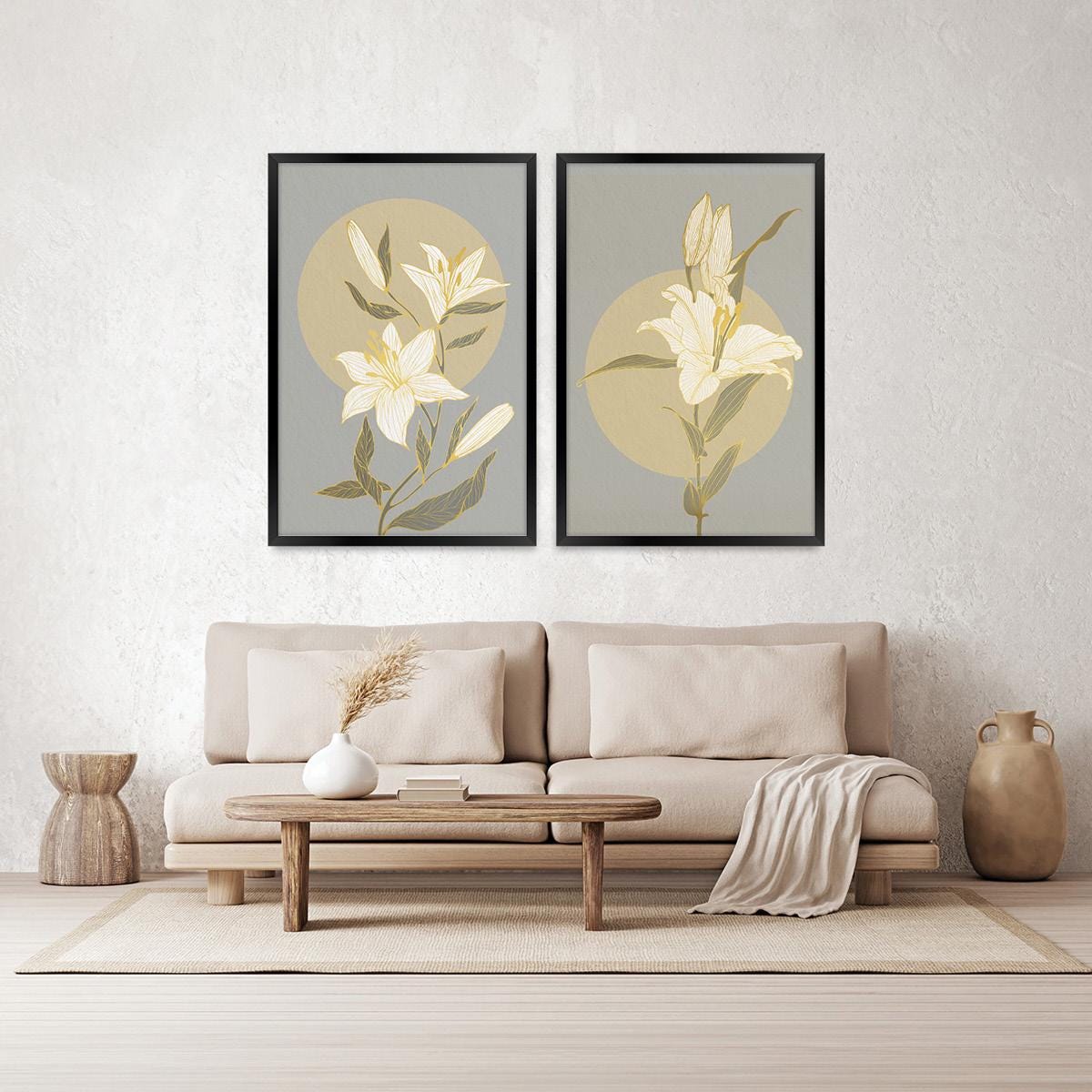 Lily in Gold Illustration Wall Art, Floral Framed Canvas Print Pair