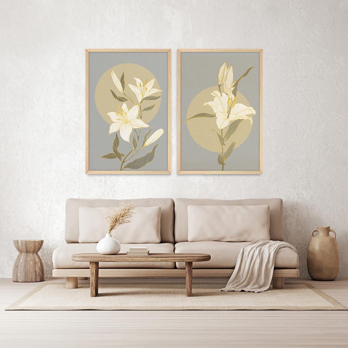 Lily in Gold Illustration Wall Art, Floral Framed Canvas Print Pair