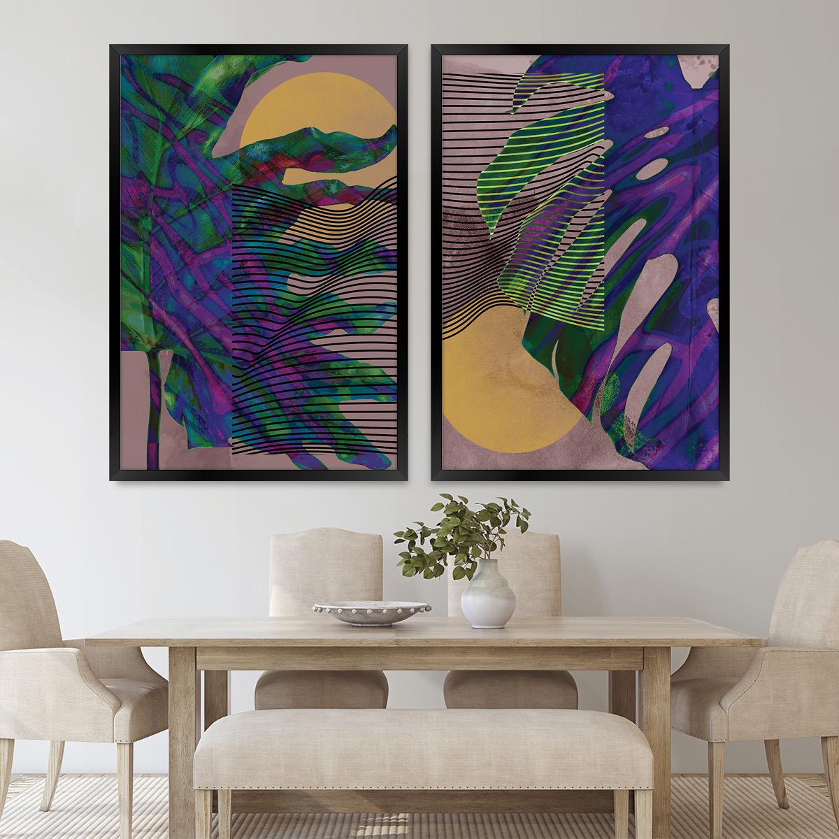 Colorful Palm Leaf Wall Art, Abstract Botanical Wood Framed Canvas Print Pair