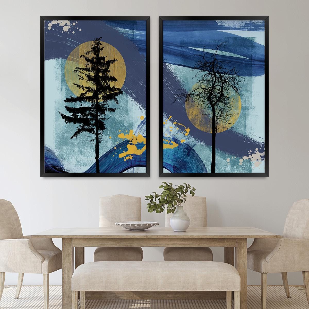 Blue Tree Silhouette Wall Art, Abstract Rustic Wood Framed Canvas Print Pair