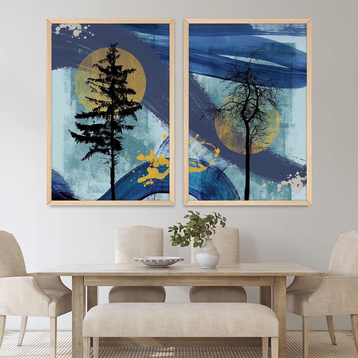 Blue Tree Silhouette Wall Art, Abstract Rustic Wood Framed Canvas Print Pair