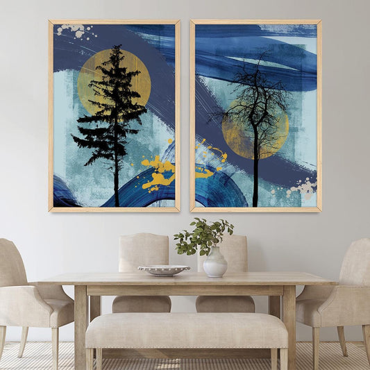 Blue Tree Silhouette Wall Art, Abstract Rustic Wood Framed Canvas Print Pair