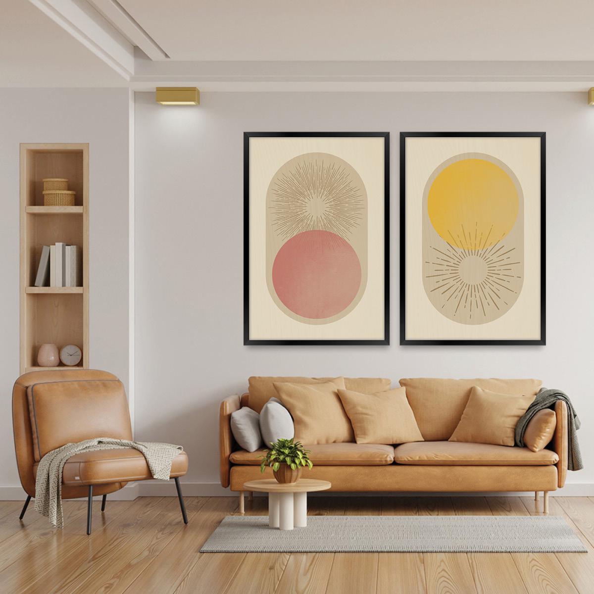 Boho Sun Rays Framed Canvas Print Pair, Celestial Geometric Wall Art