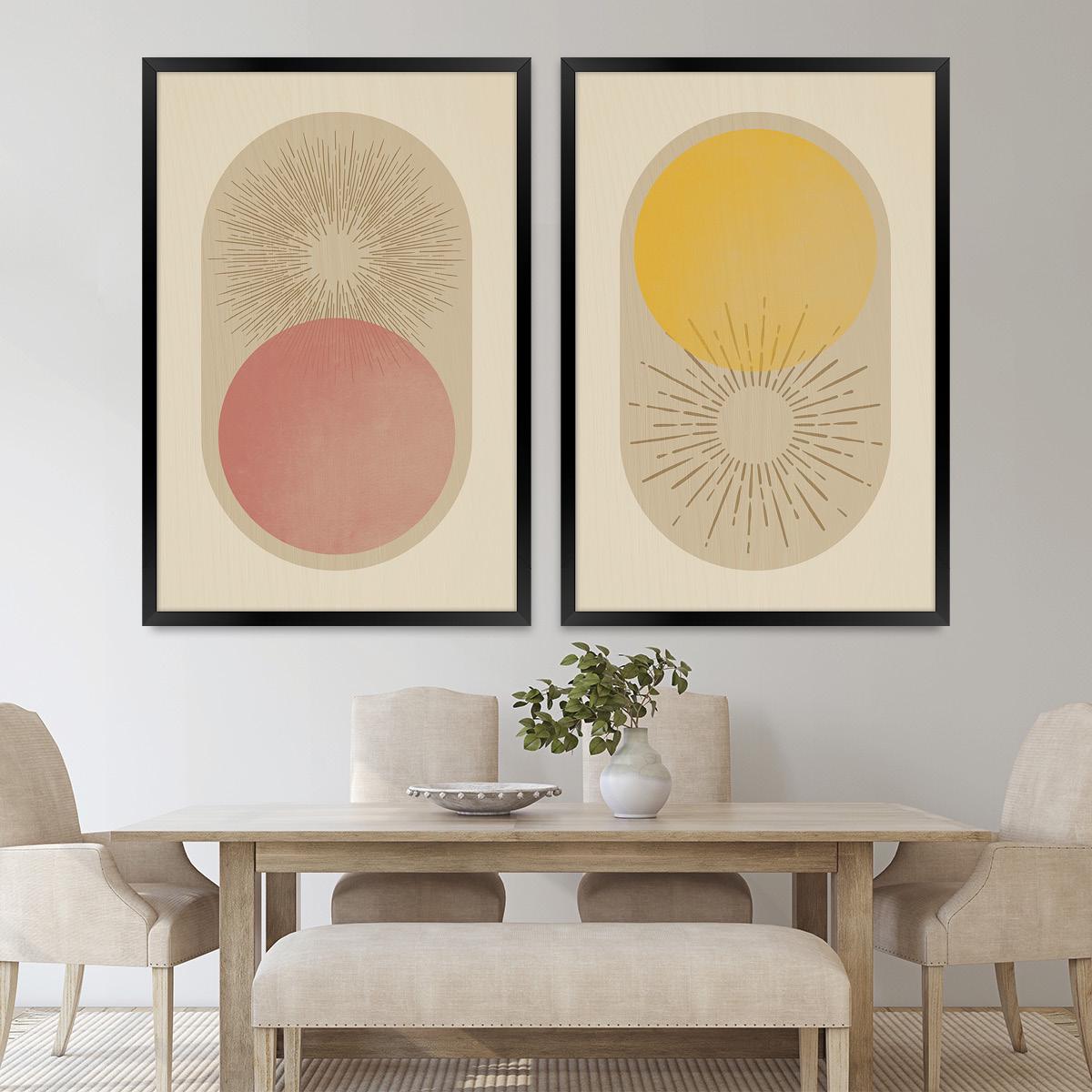 Boho Sun Rays Framed Canvas Print Pair, Celestial Geometric Wall Art