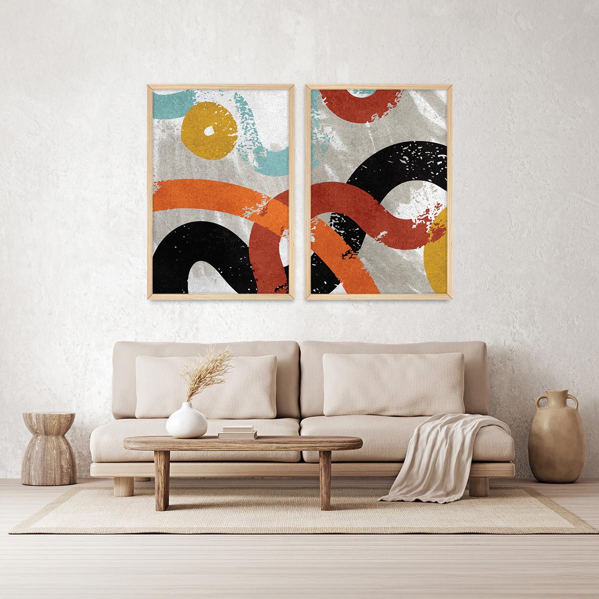Abstract Curves Textural Wall Art, Colorful Minimalist Wood Framed Canvas Print Set Pair