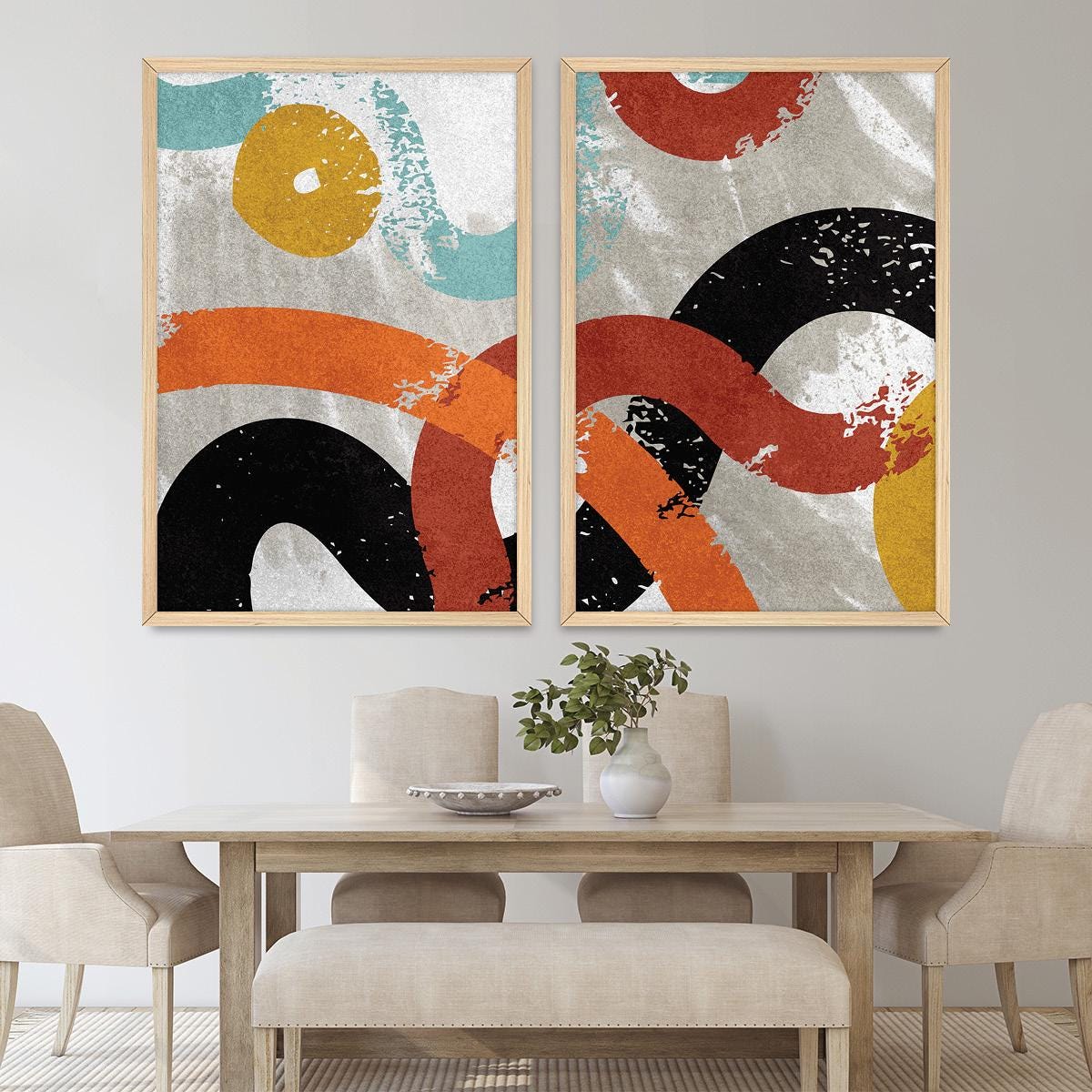 Abstract Curves Textural Wall Art, Colorful Minimalist Wood Framed Canvas Print Set Pair