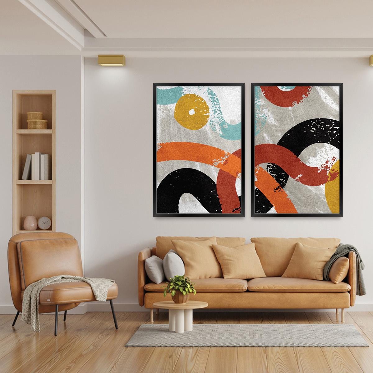 Abstract Curves Textural Wall Art, Colorful Minimalist Wood Framed Canvas Print Set Pair