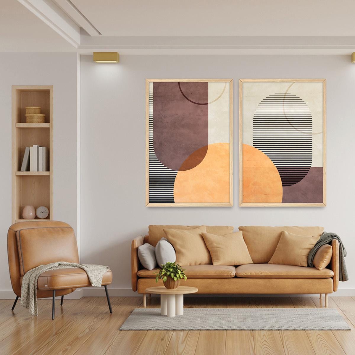 Boho Geometric Wall Art, Colorful Minimalist Wood Framed Canvas Print Set Pair