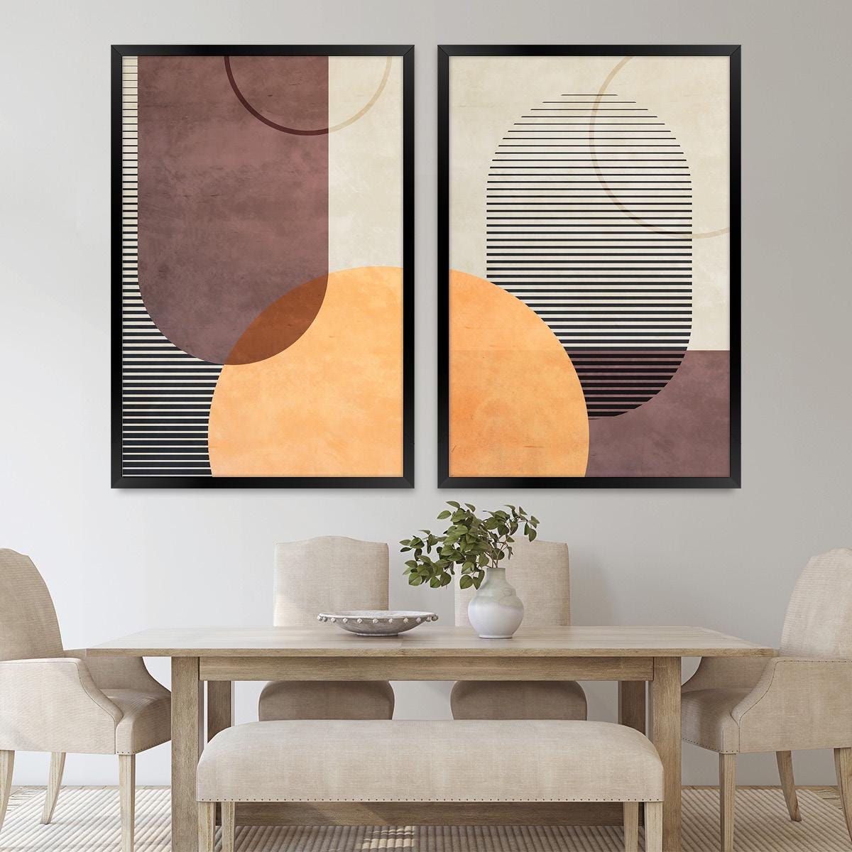 Boho Geometric Wall Art, Colorful Minimalist Wood Framed Canvas Print Set Pair