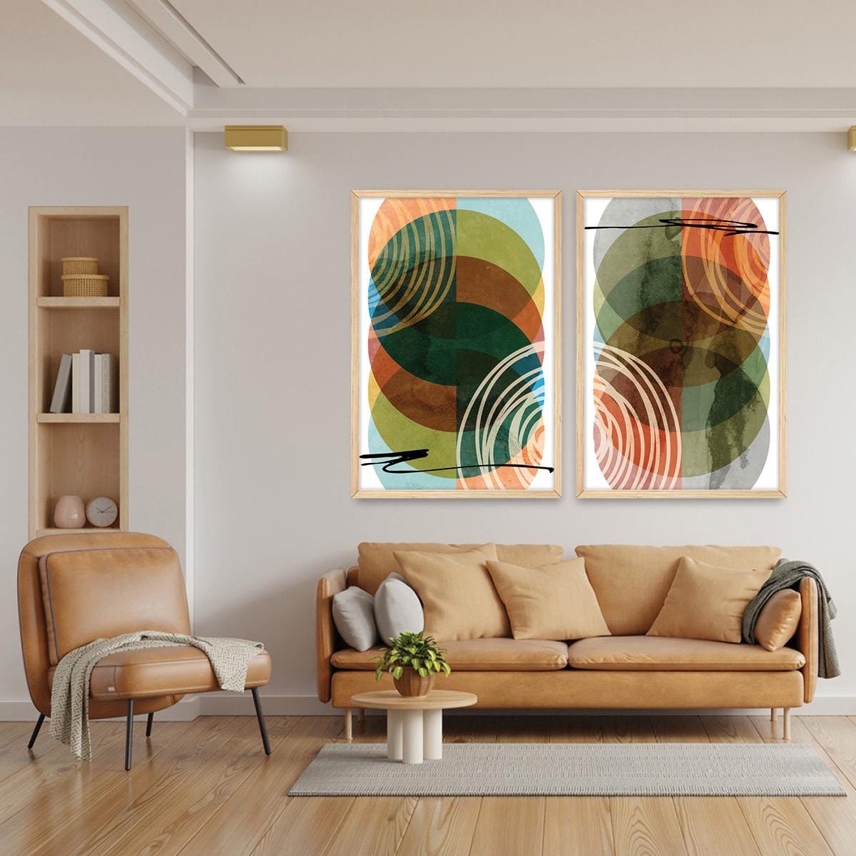 Abstract Geometric Circles Wall Art, Colorful Minimalist Wood Framed Canvas Print Set Pair