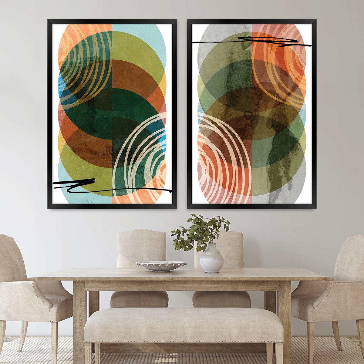 Abstract Geometric Circles Wall Art, Colorful Minimalist Wood Framed Canvas Print Set Pair