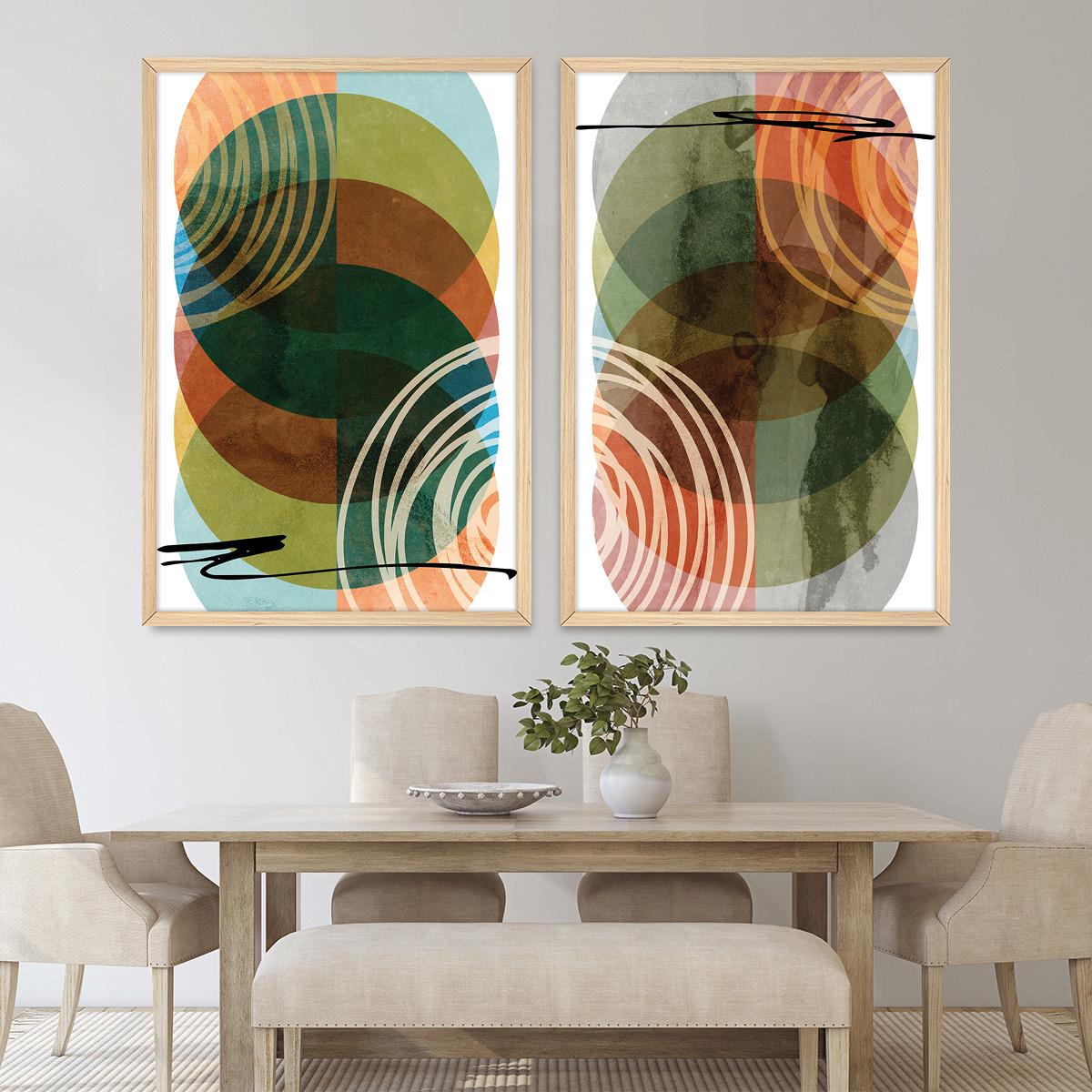 Abstract Geometric Circles Wall Art, Colorful Minimalist Wood Framed Canvas Print Set Pair