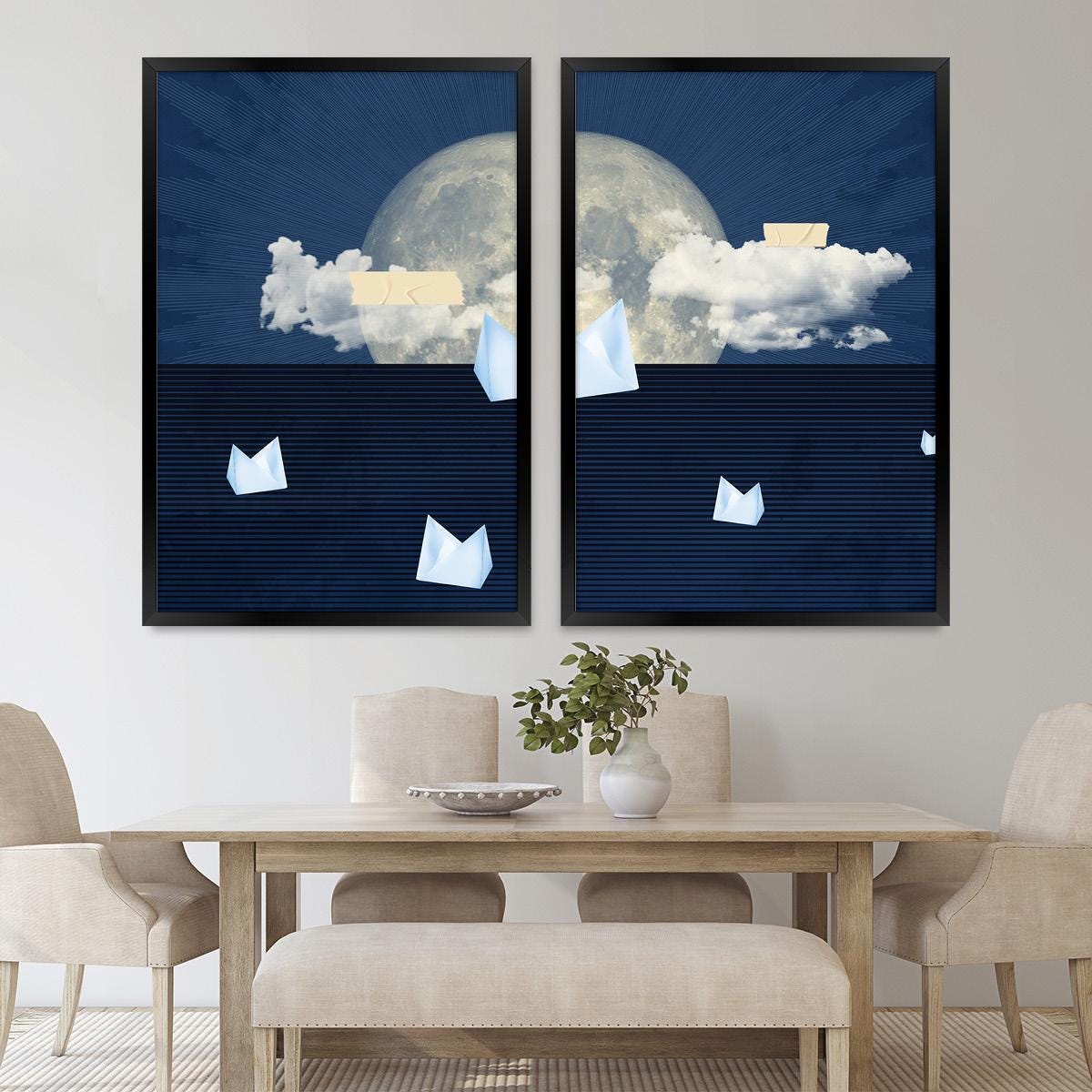 Blue Cloud Moon Canvas Print Set, Dreamy Paper Boats, Wood Frame Pair