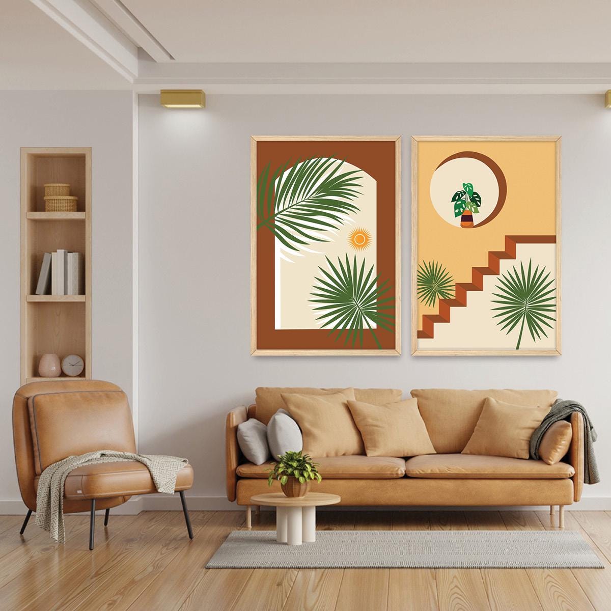 Boho Botanical Wall Art Set, Plants & Palms Southwesten Wood Framed Canvas Print Pair