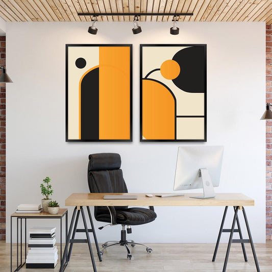 Abstract Geometric Framed Canvas Print Set, Black & Yellow Wall Art