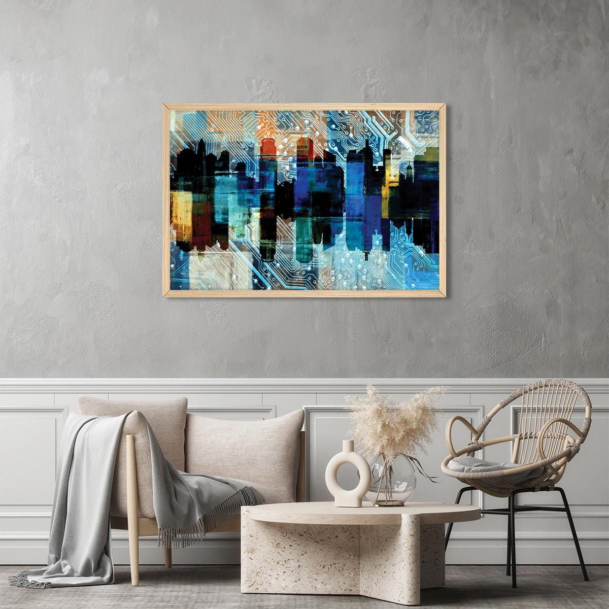 Blue Urban Abstract Canvas Print - Colorful City Modern Wall Art, Framed Options